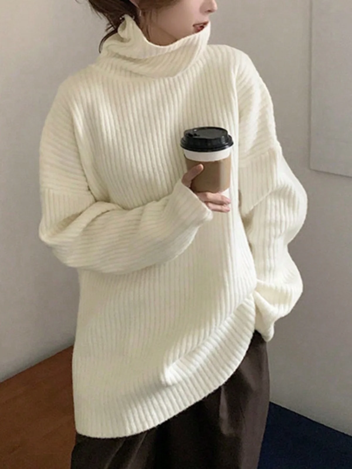 

Loose Long Sve Knitted High Collar Sweater Women's Pure Color Spring Autumn New Sle Dongda Gate Lazy Sle Fce Warmth