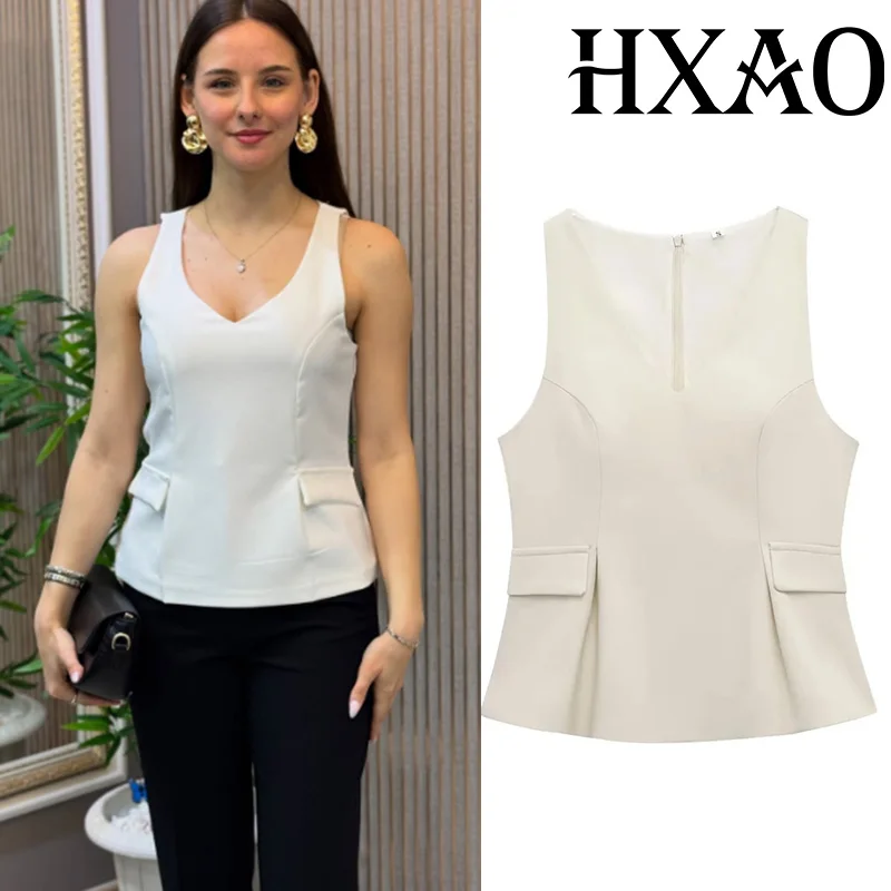 

HXAO Crop Tank Top Women V Neck Sleeveless Top Female Ruffled Beige Tanks Off Shoulder Elegant Woman Top Fitted Casual Tops