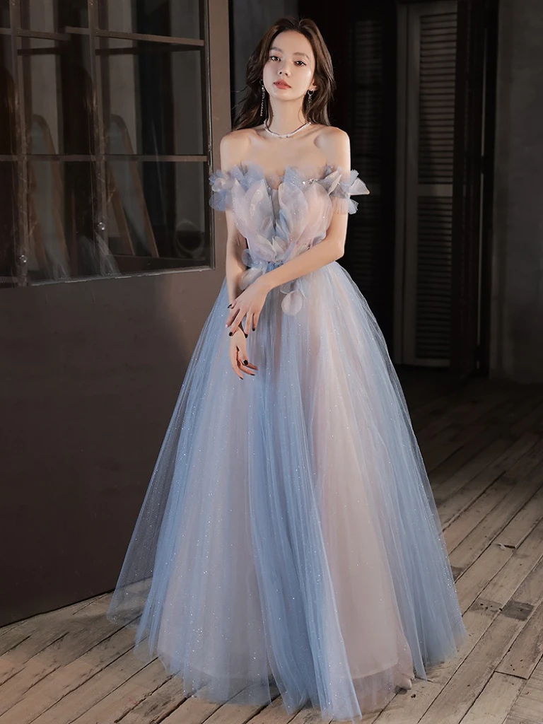 Fairy Blue Sexy Evening Dress Tulle Off Shoulder Strapless Applique Shiny Sequined Glitter Women A-Line Long Party Prom Gowns