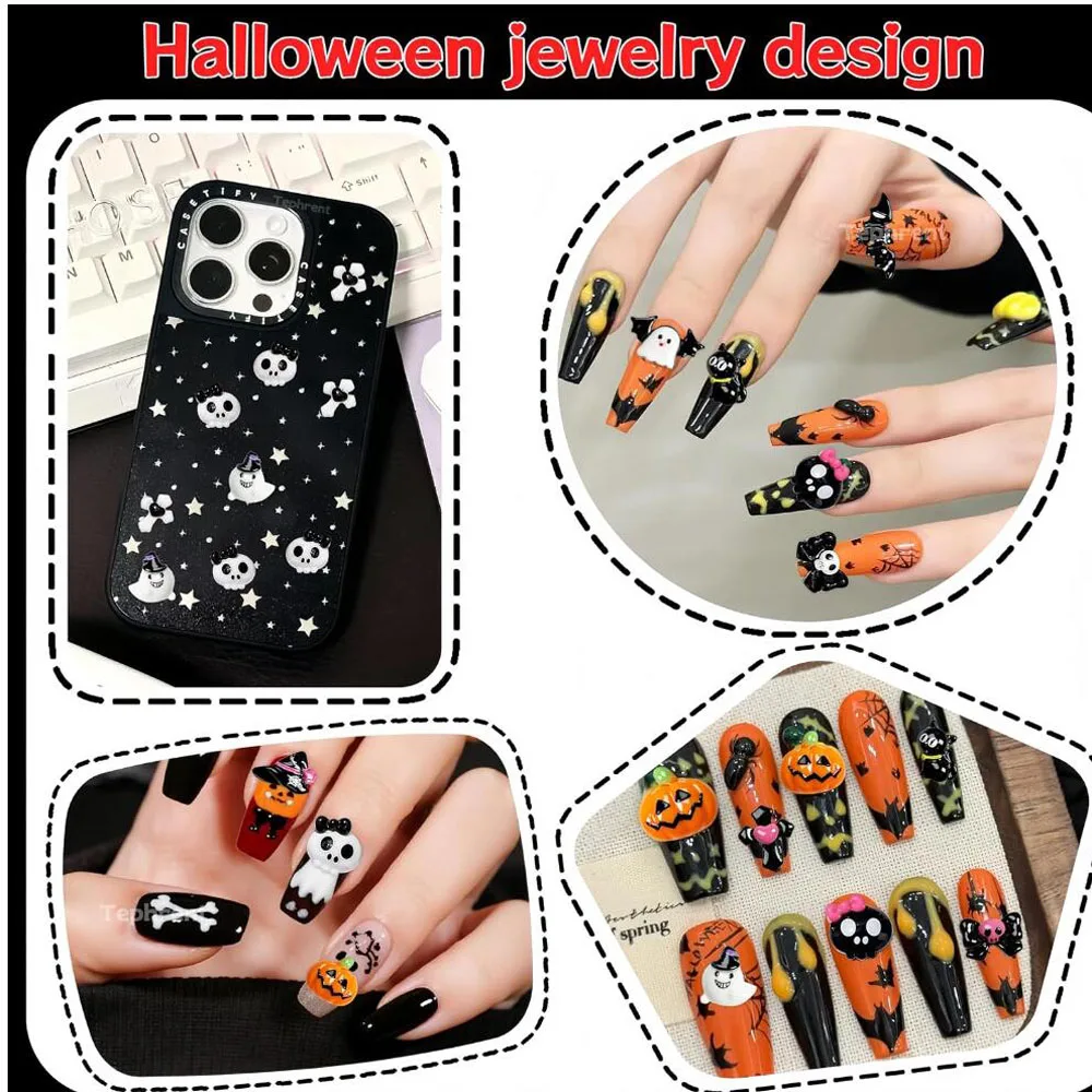 15grids Halloween 3D Resin Nail Charms Mixed Cartoon Pink Bow Ghost Bat Pumpkin Skull Nail Decor DIY Sweet Cool Manicure Supplie - view 6