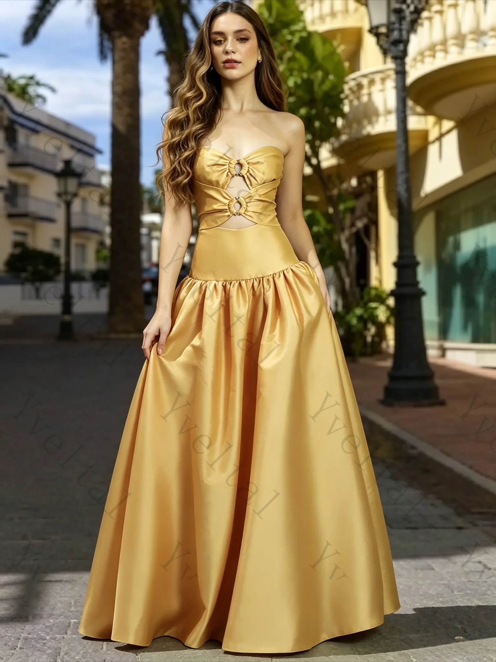 Customized Women's Elegant Strapless Evening Dress Ring Cutout High Waist A Line Flowy Floor Formal Gown for Wedding Occasions
