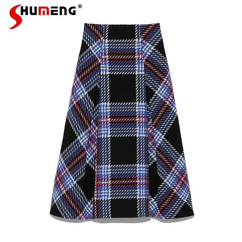 

2023 Autumn New Product Women's Japanese Elegant Retro High Waist Rough Yarn Plaid Flared Skirt Y2k Clothes Long Fashion Skirts