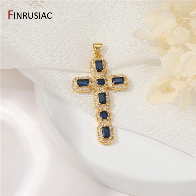 14K Gold Plated Brass Colorful Cubic Zirconia Large Cross Pendant For Religious Faith Charm Necklace Jewelry Making Accessories