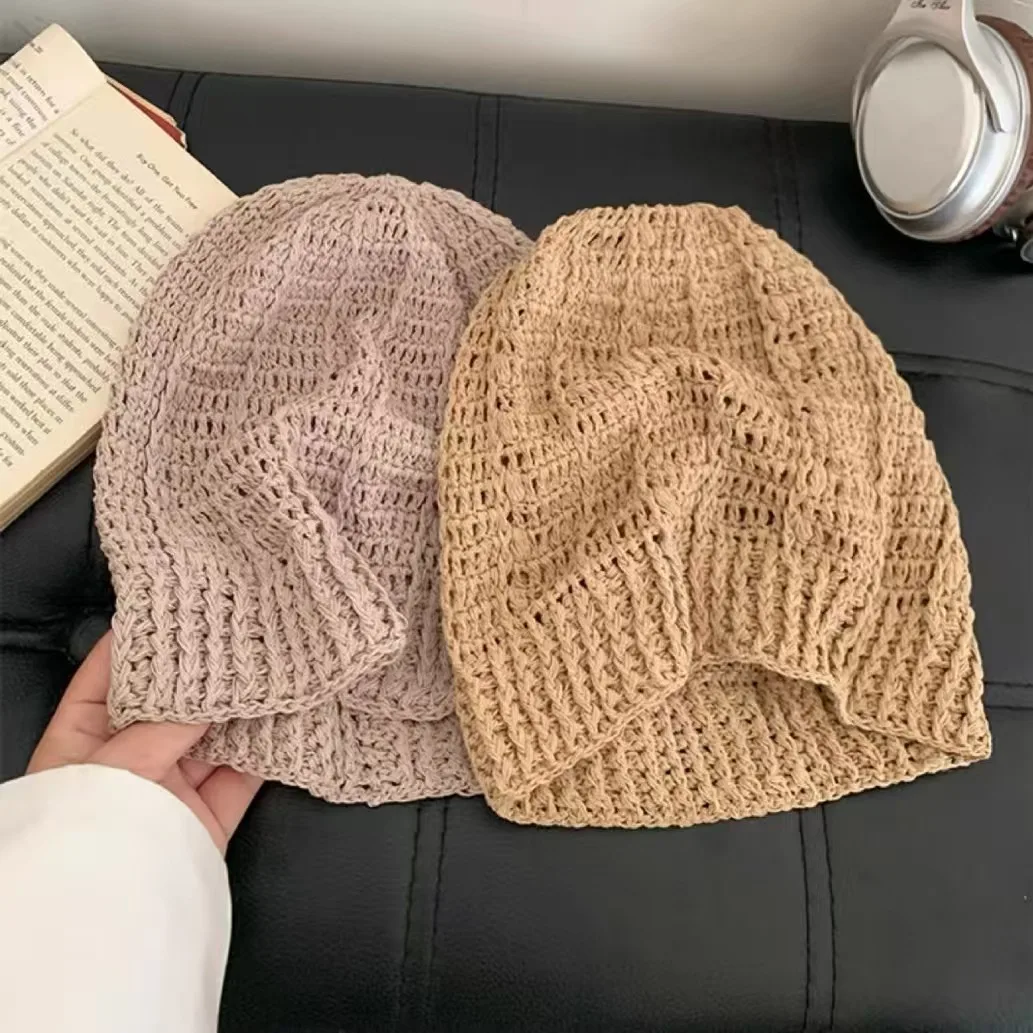 

Knitted Crochet Hollow Skullies Hat For Women Spring Summer Thin Knitted Pullover Hat Lady Outdoor Travel Sun Cap Headbands Hats