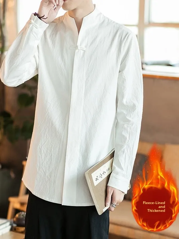 

Thiened Cotton Linen irt Men's Autumn Winter Warmth Stand Collar Button up Long Sve Casual Faion Outerwear Coat
