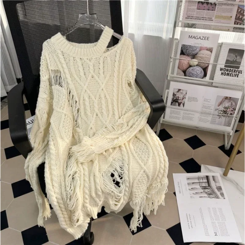 

Свободный рваный свитер с длинными рукавами и кисточками в стиле ретро для женщин на весну