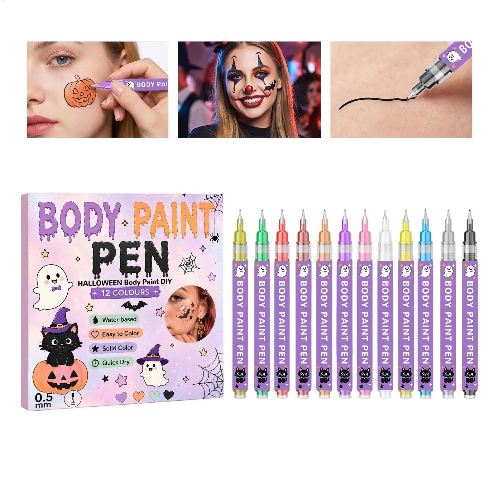 Body Markers for Skin 12 Colors 0.5mm Halloween Face Makeup Pens Holiday Party Body Markers for Party Cosplay Gathering