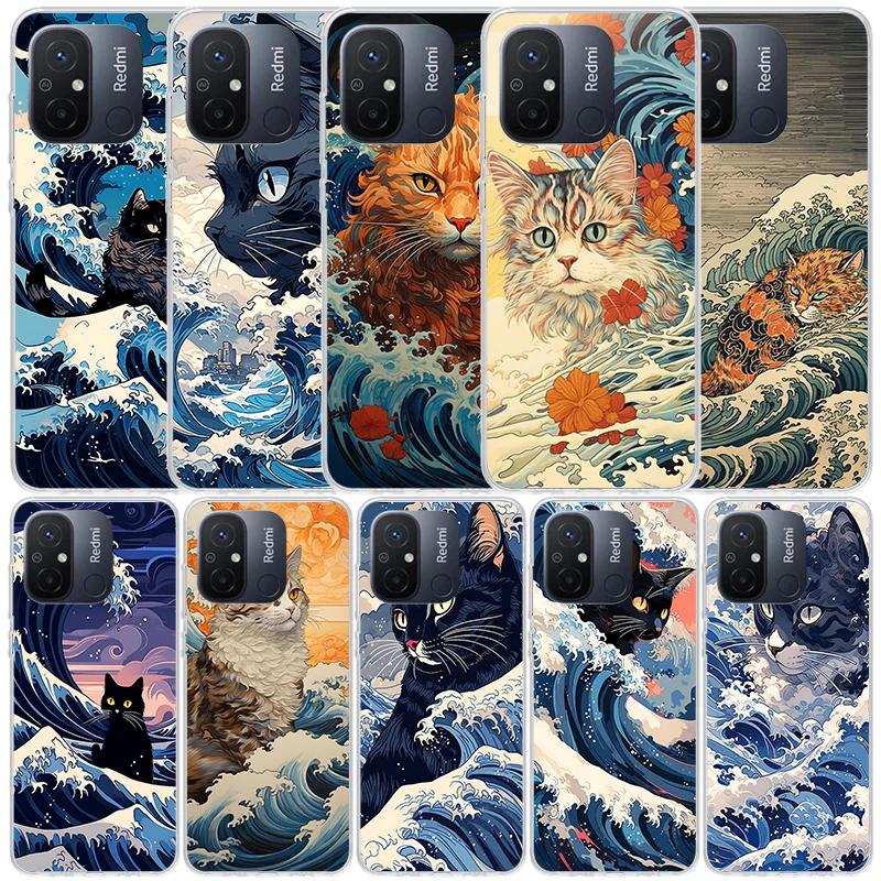 Anime Cat Sea Wave Aesthetic Phone Case For Xiaomi Redmi 12C 12 10C 10 10A 9C 9A 9T 9 8 8A 7 7A 6 Pro 6A K20 K30 K40 S2 Soft Bac