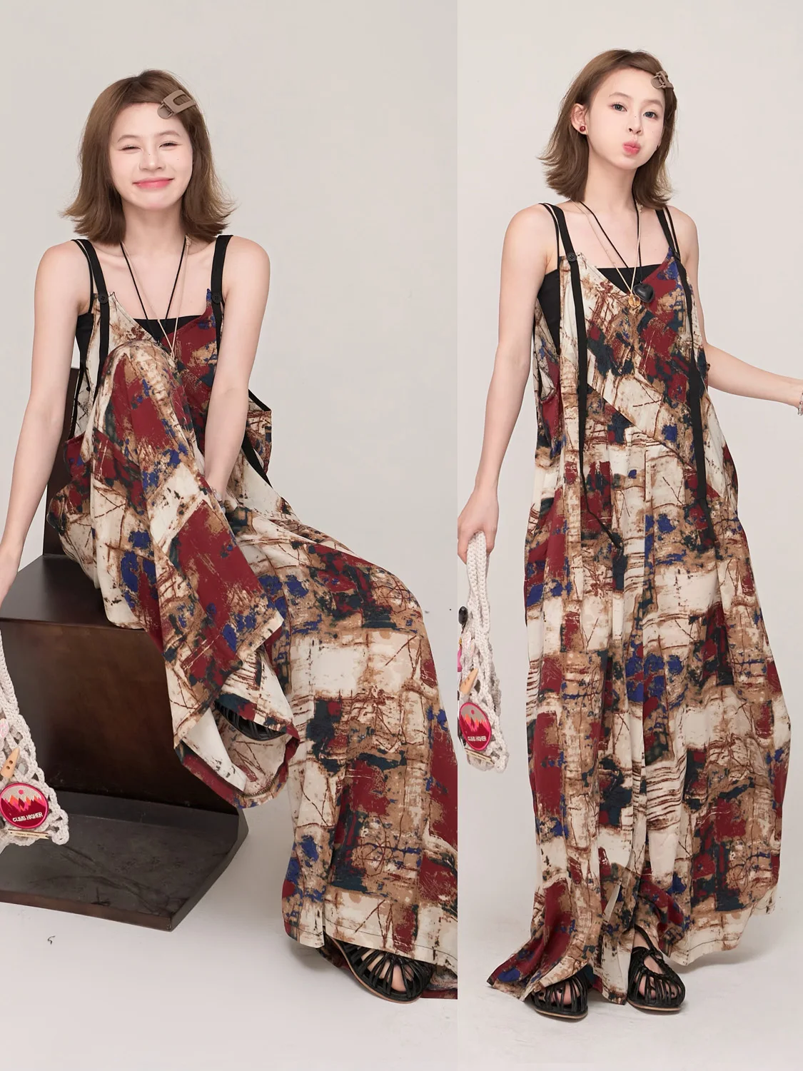 

Свободные повседневные комбинезоны с V-образным вырезом для женщин, летние модные брюки с художественным градиентом, широкие штанины, высокая талия, полиэстер, прямой крой