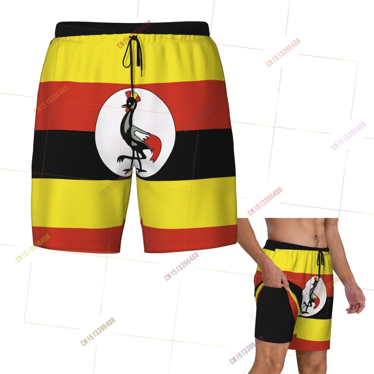 2026 Uganda Flag Top Print 3D Mens Swimming Trunks Hawaiian Bathing Beach 2 in 1 Quick-Dry Summer Swim Shorts With Pockets