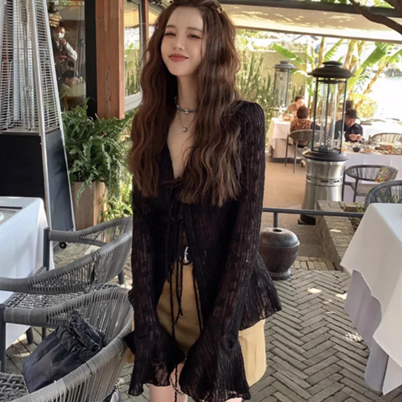 Europese en Amerikaanse jacquard holle hoorn mouw afslankend vest met lange mouwen dames micro transparante zonnebrandkleding