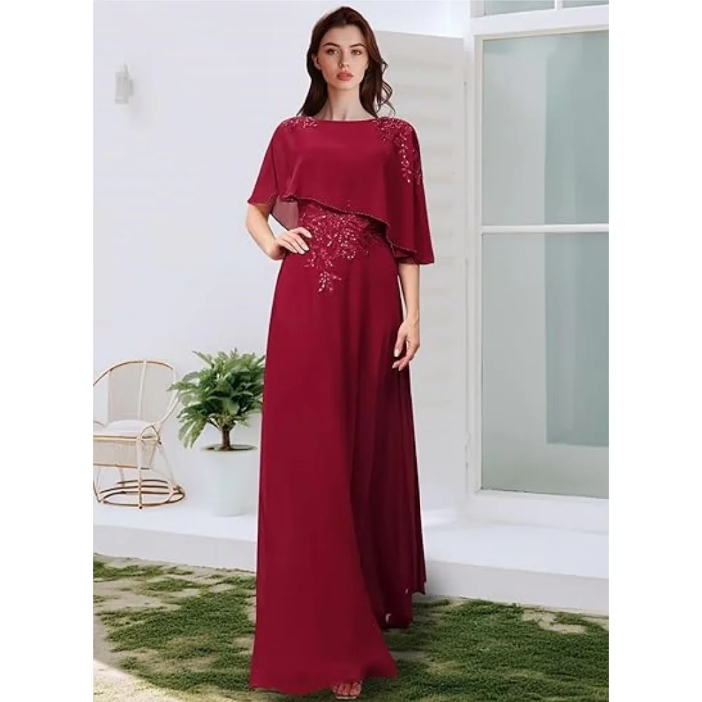 

Chiffon Mother of The Bride Dresses Womens Lace Appliques Formal Evening Gowns Long A-line Sequin Wedding Guest Dress with Cape