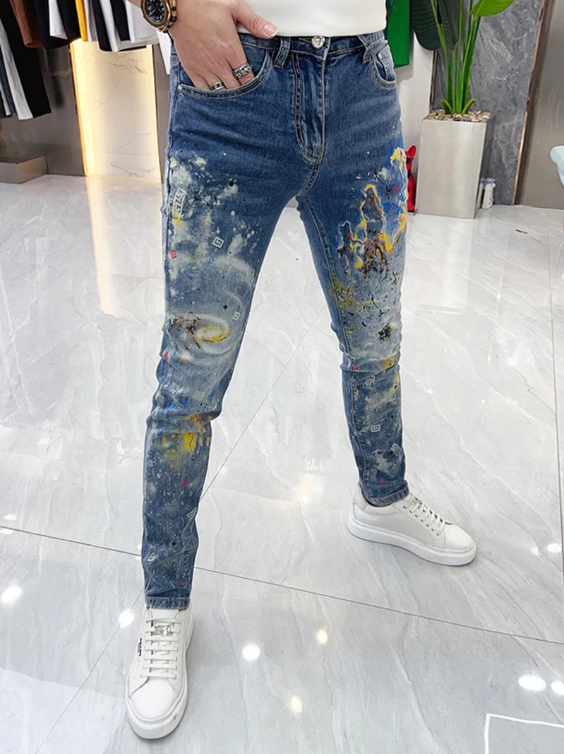 

Men's Printed Slim Fit Jeans Elastic Casual Fashion Spring Autumn Light Blue Youth Trendy Small Straight Foot Pants