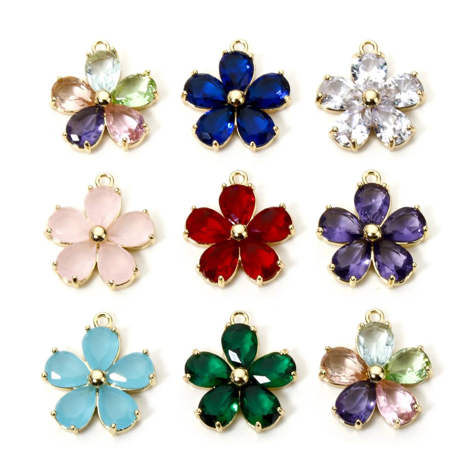 1pc Flower Brass & Glass Charms 18K Gold Plated with Colorful Glass Pendants DIY Necklace Women Jewelry Findings 21mm x 18.5mm