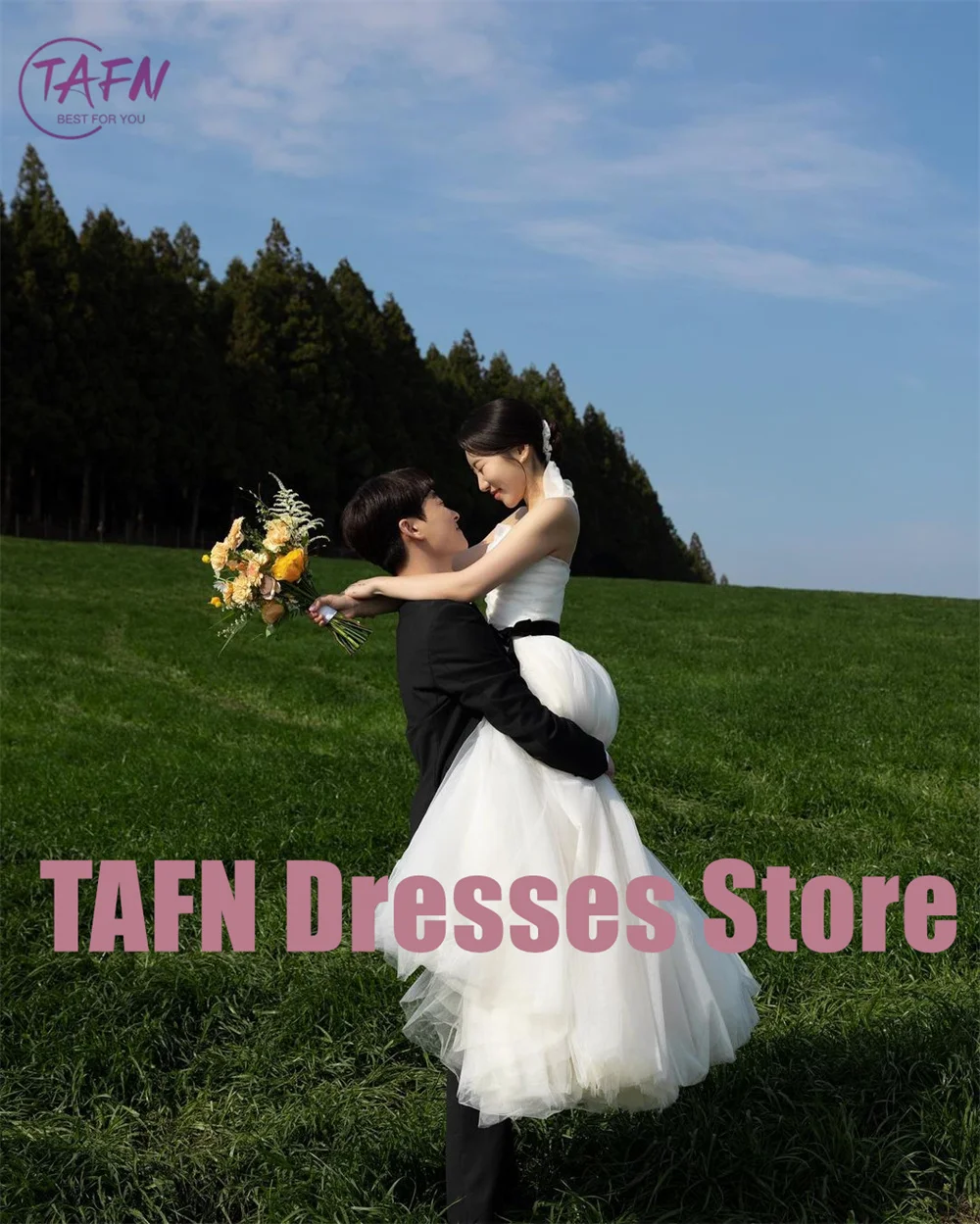 TAFN Korea A-line Wedding Dresses Strapless Sweetheart Colalr Bridal Gown Floor-Length Photo Shoot Dresses Custom Made