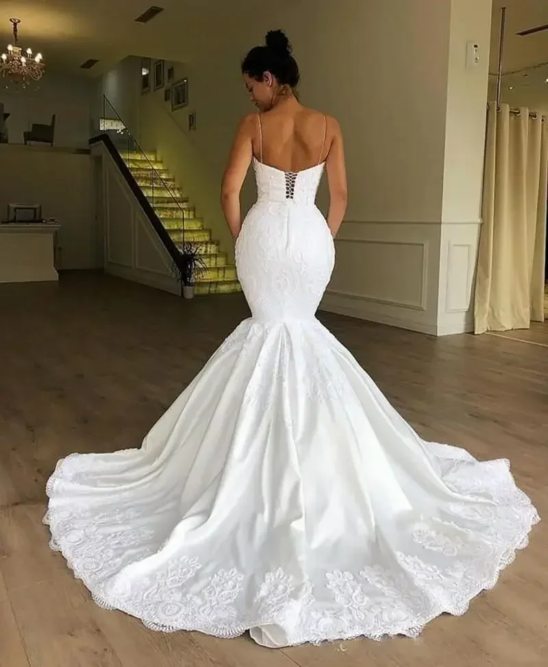 Vestido de novia de sirena africana personalizado, cuello de espagueti con cordones, vestidos de novia elegantes de talla grande, Apliques de encaje, Vestido blanco