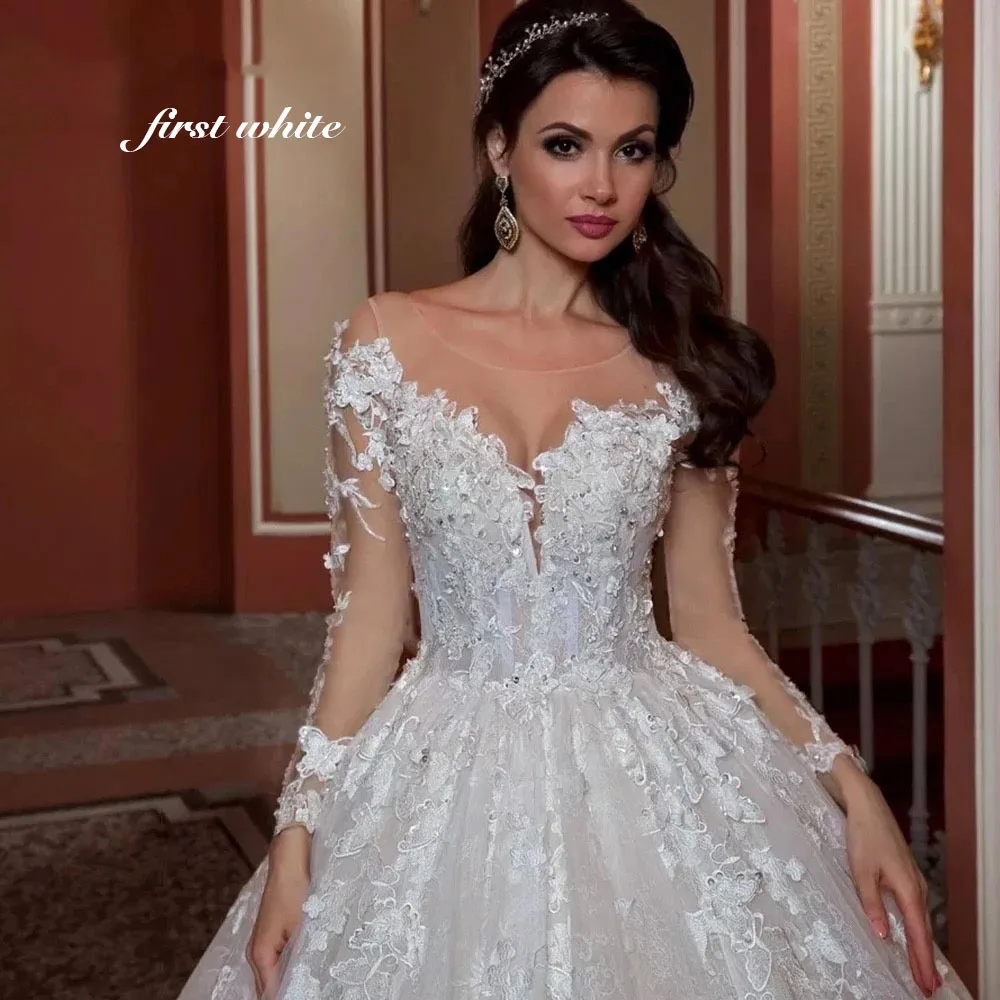 Customized Beading Sequins Ball Gown Wedding Dress  Appliques Flowers Lace Luxury PrincessRobe De Mariee Princesse De Luxe