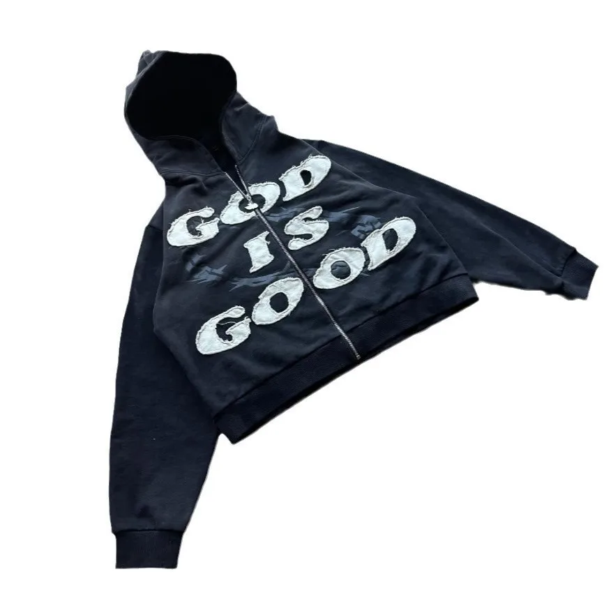 American Style Personality Street Letter Patch Embroidered Hoodie High Street Trend Zipper Loose Unisex Sweatshirt