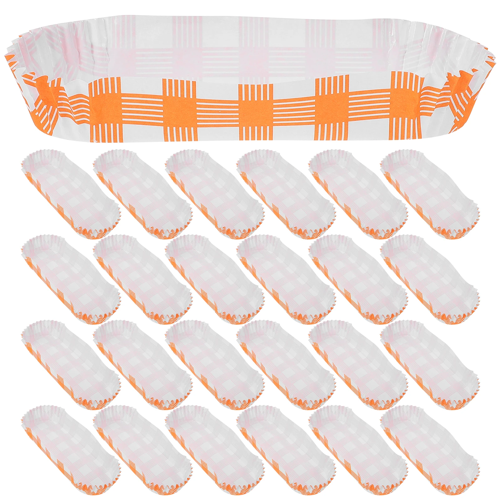 

100 Pcs Hot Dog Trays Disposable Paper Holders Orange Grid Long Size Snack Tray Fried Food Container Greaseproof