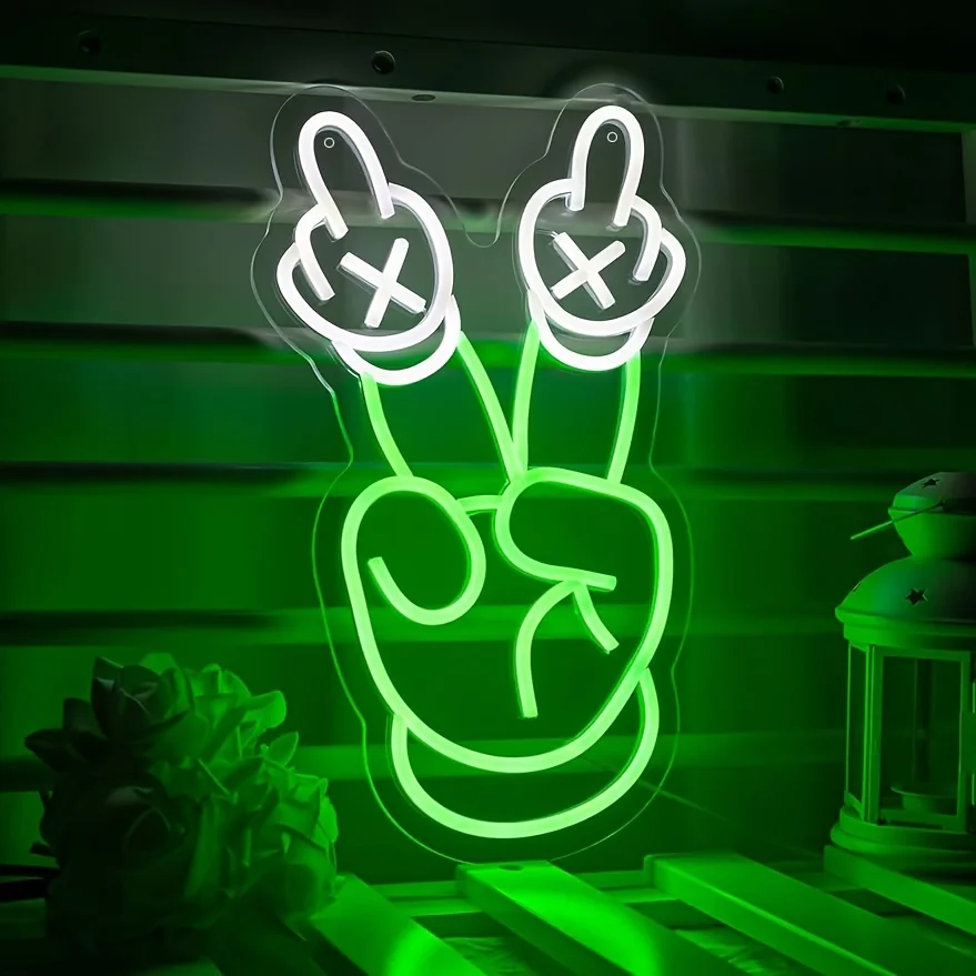Green Middle Finger Peace Sign Neon Sign LED Light USB Operated Rebel Decor for Bedroom Bar Club Man Cave Room Wall Art Gift