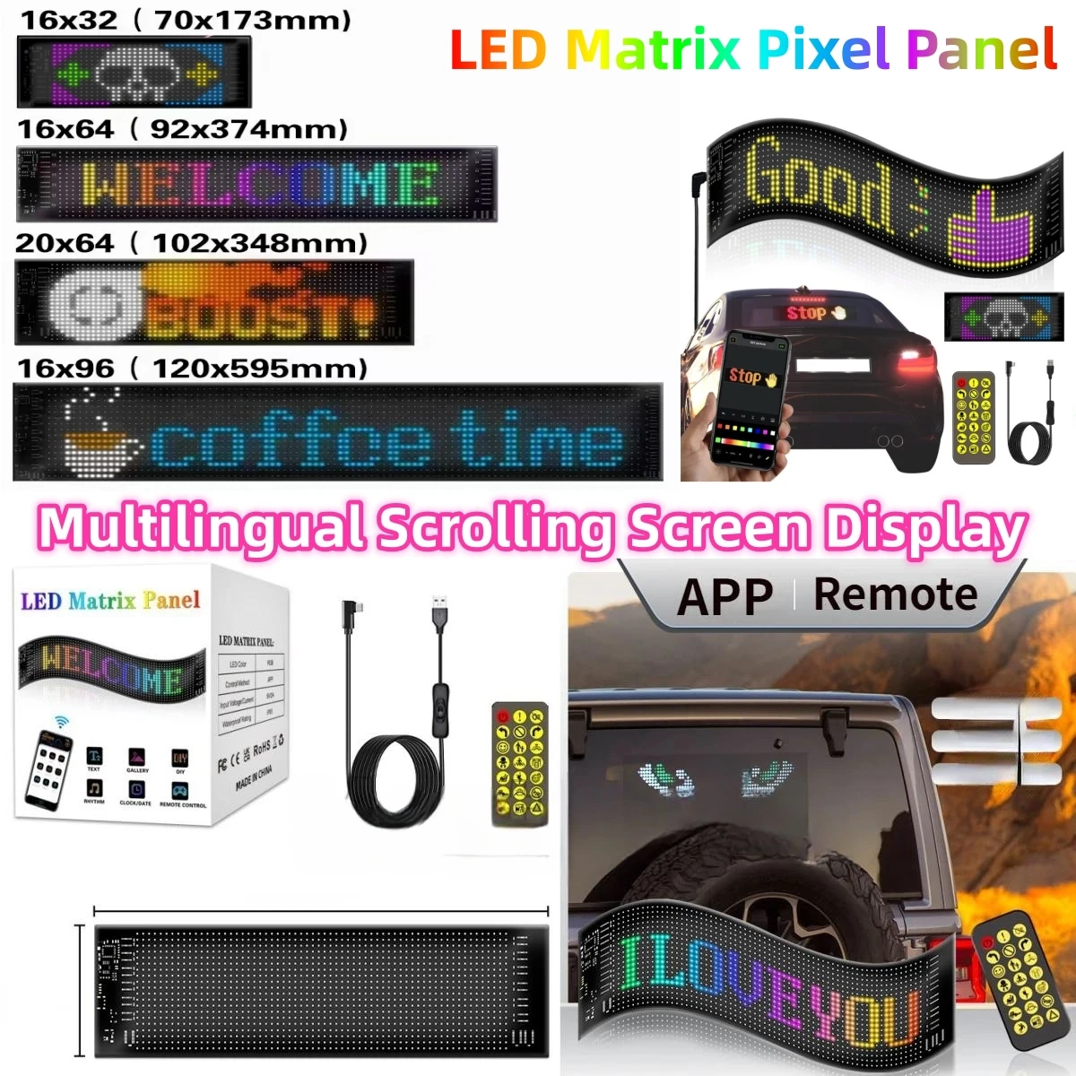 painel led pixel matrix com controle remoto app multilingue programavel faca voce mesmo rolagem sinais publicitarios usb flexivel 5v exibicao do carro 01