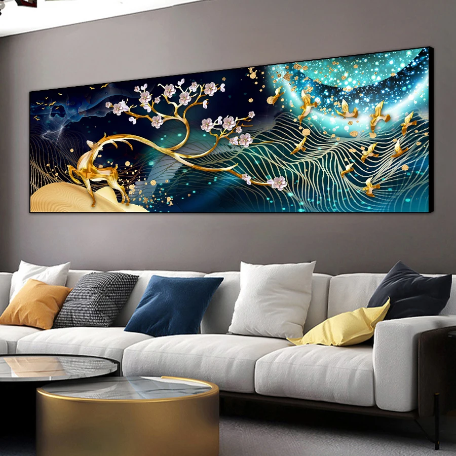 

big Abstract Golden Elk and Birds embroidery cross stitch 5D DIY diamond mosaic full square round drill diamond painting decor