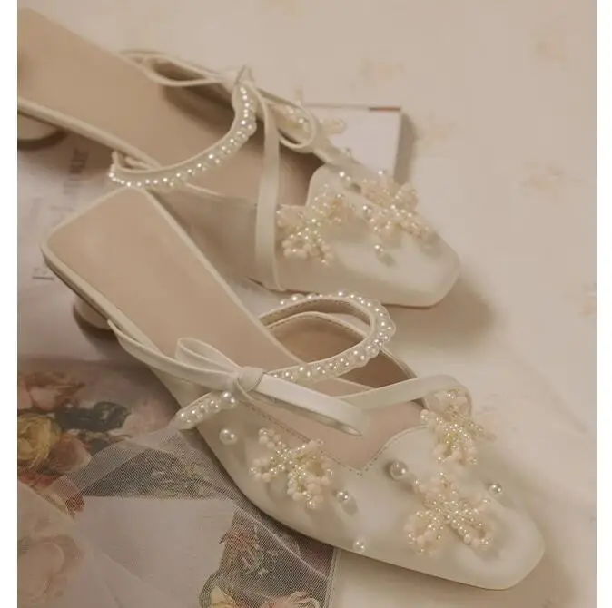 Pearl beadings bow Side Strap Slipper Sandals Close Toe Slingback Catwalk Kitten Heels Party Shoes image 5