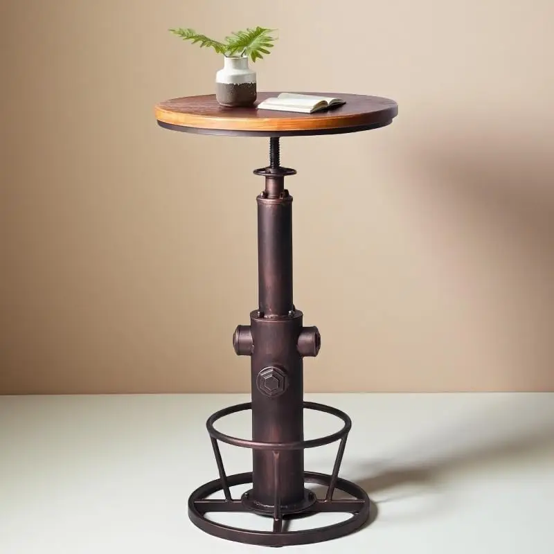 23.6 In Copper Industrial Hydrant Height Adjustable Bar Table Solid Pine Wood Top 360 Swivel Round Table 38.6-44.4 In Threaded Rod Ring Footrest Bistro