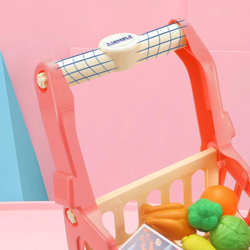 Conjunto de carrinho de compras para dramatização, carrinho de compras com comida falsa, acessórios de cozinha para crianças