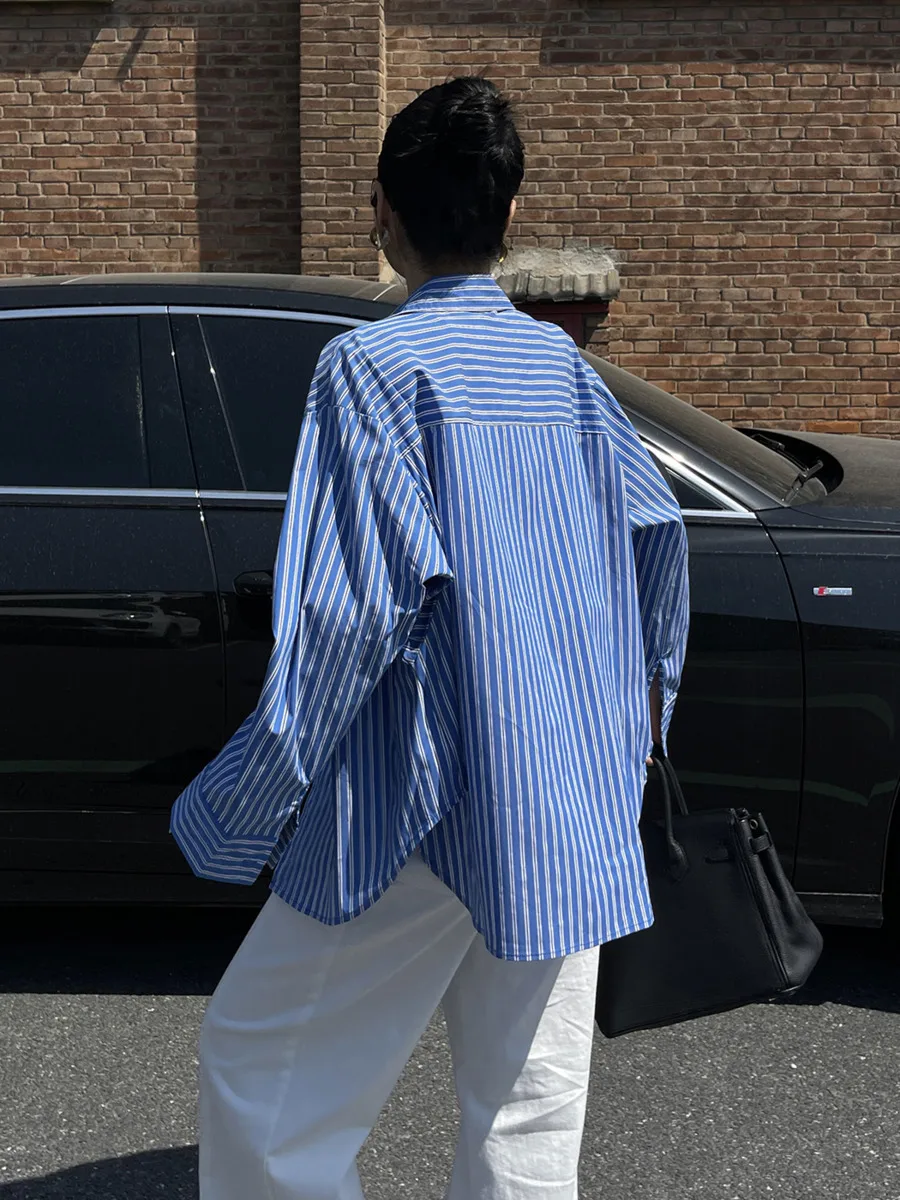 

New Lazy Style Casual Vertical Stripe Button Up Designer Collared Long Sleeve Shirt For Women Fashion Tops Fashion Sexy Tops SW5