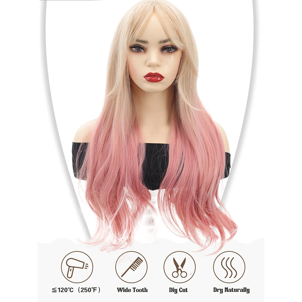 Gradient  Long Layered Wigs for Women Synthetic Curly Wig with Bangs Natural Look Middle Part Wigs with Pink Roots for Daily USE