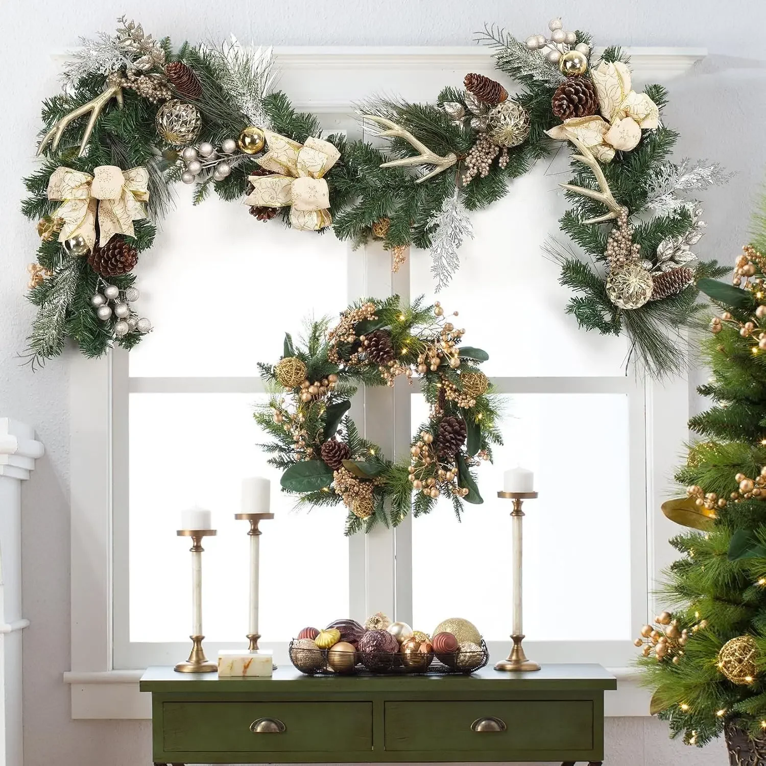 Garvee 6 ft Pre-Lit Christmas Garland Home Party Decor Battery Operated Xmas Garland with 20 LED Lights Outdoor Yard Pine Rattan Hanging Ornaments Cheap Gold Balls for Front Door Fireplace Mantel Stairs Table Decor view 7