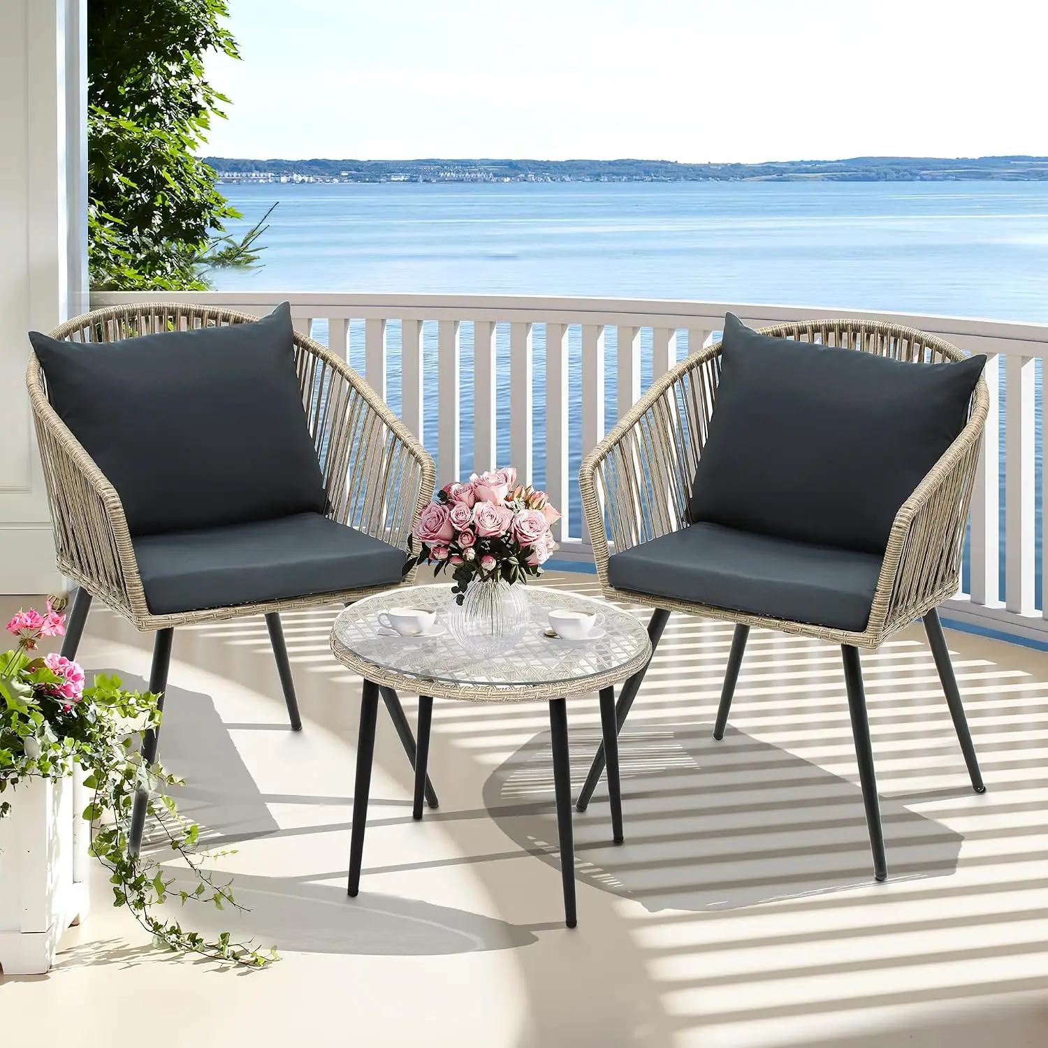 3-Piece Outdoor Patio Furniture Wicker Bistro Set, All-Weather Rattan Conversation Chairs for Backyard, Balcony and Deck with Soft Cushions, Glass Side Table, Gray Rattan
