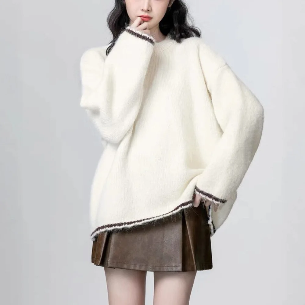 

Women'S White Elegant Solid Knitted Sweater Spliced Tops O-Neck Long Sleeves Pullover Casal Loose Jumper Vintage Knitwear