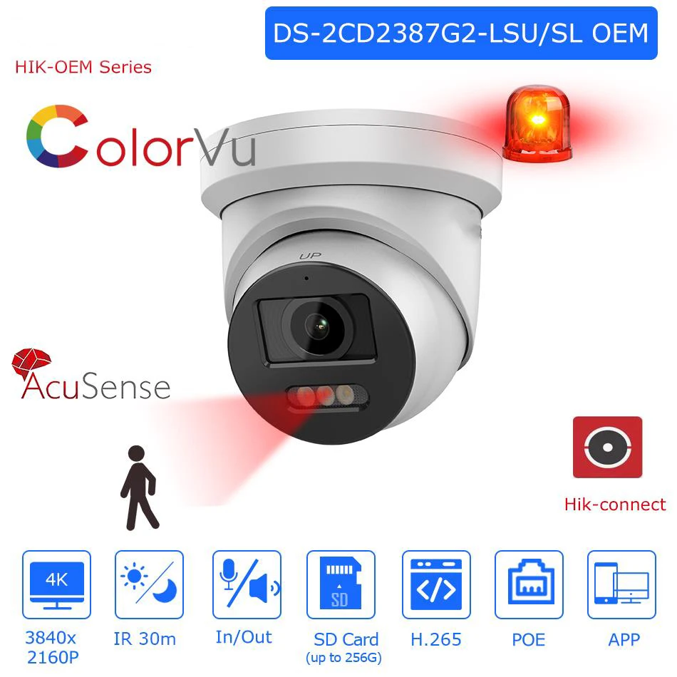 

HIK OEM 8MP ColorVu IP-камера Стробоскоп Звуковое предупреждение Двусторонняя сетевая камера видеонаблюдения заменяет DS-2CD2387G2-LSU/SL