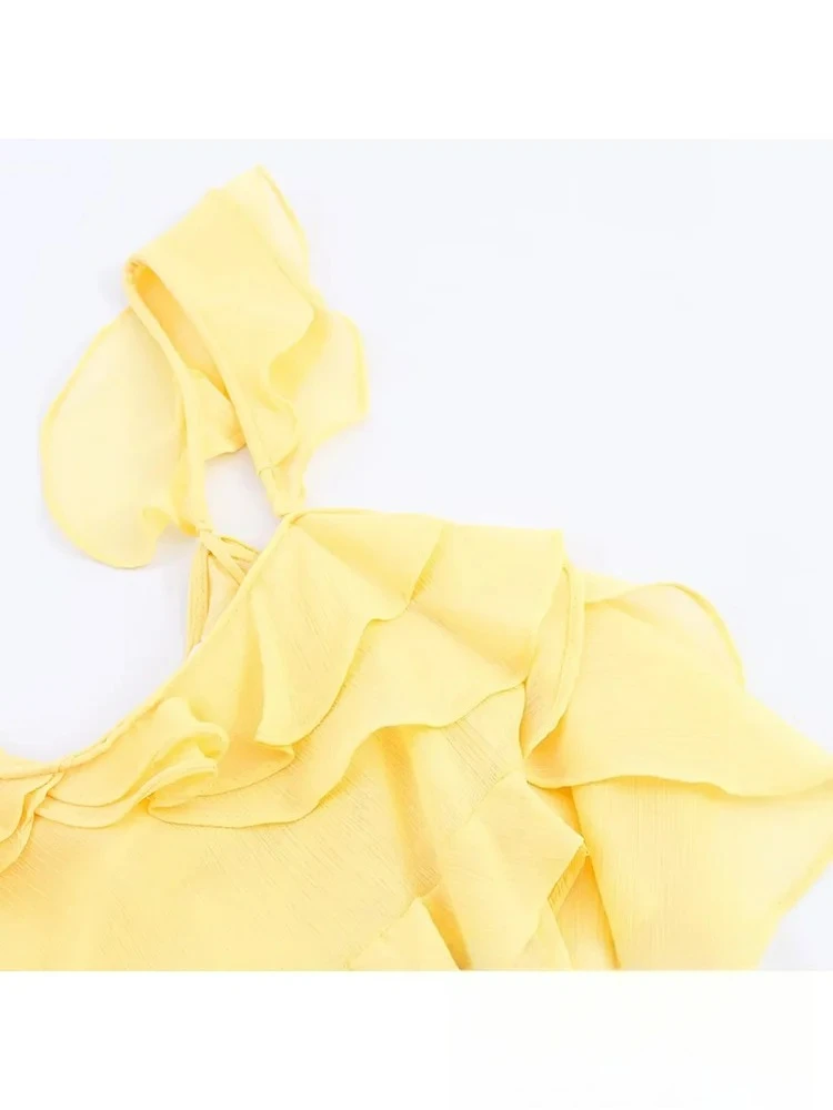 KONDALA Sexy Chic Vrouwen Jurk Geel Solid Cami Lange Tiered Rechte Chiffon Jurk Mode 2025, Herfst Avond Club Feestjurk