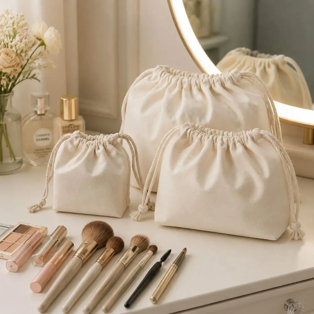 Portable Canvas Drawstring Cosmetic Bags Reusable Soft Toiletry Bags Travel Storage Bags for Women