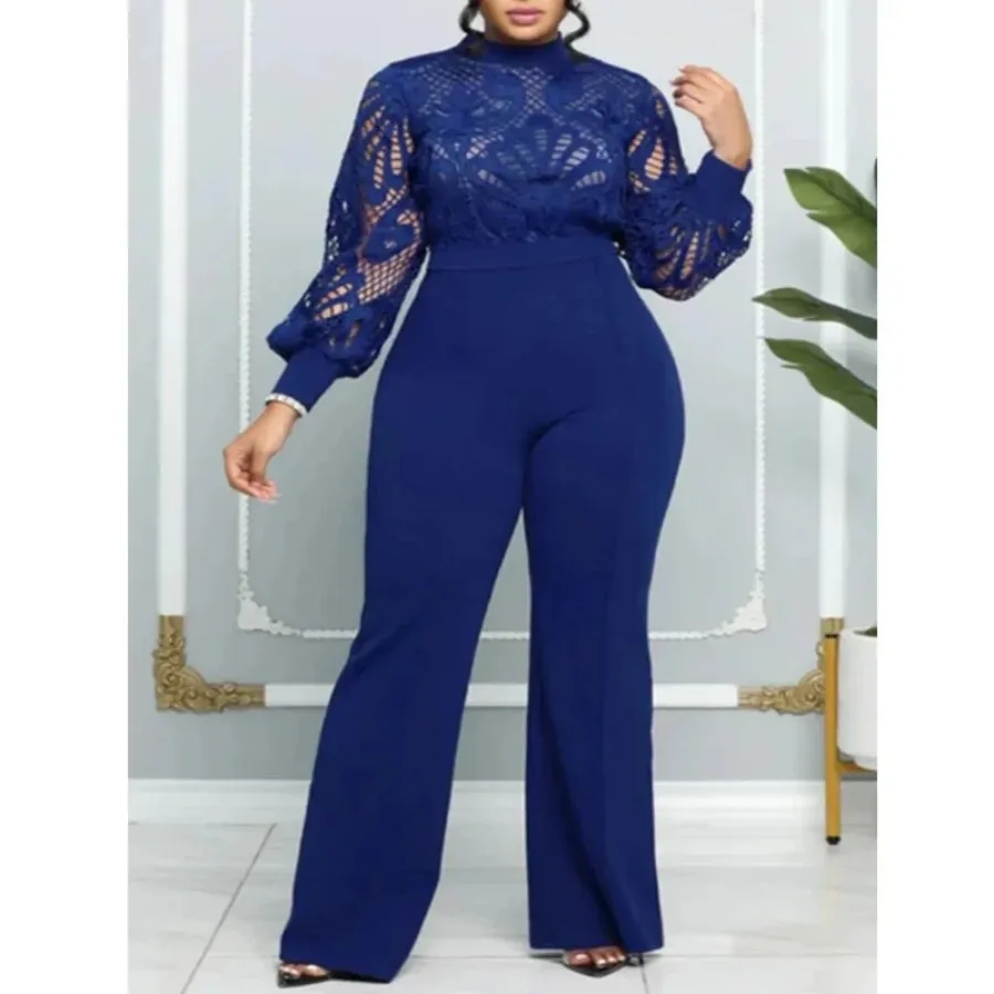 

Elegant Women Jumpsuits Classy Hollow Out Lace Panel Long Sleeve Stretch One Piece Wide Leg Jumpsuits Oufits