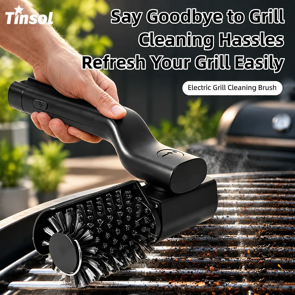 TINSOL Electric BBQ cleaning brush, wireless charging, foldable, rotatable, powerful grease-removing brush, suitable for grills