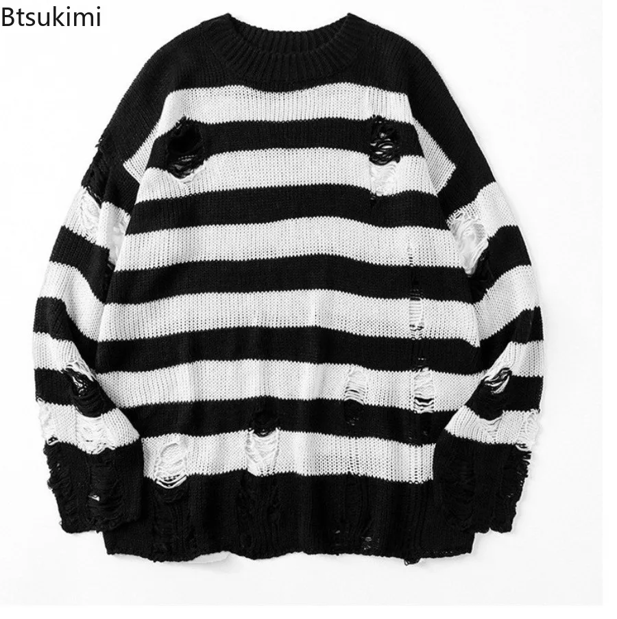 New 2025 Men's Black Stripe Sweaters Trend Ripped Holes Knitted Pullover Sweaters Harajuku Streetwear Couple Loose Knitwear Tops