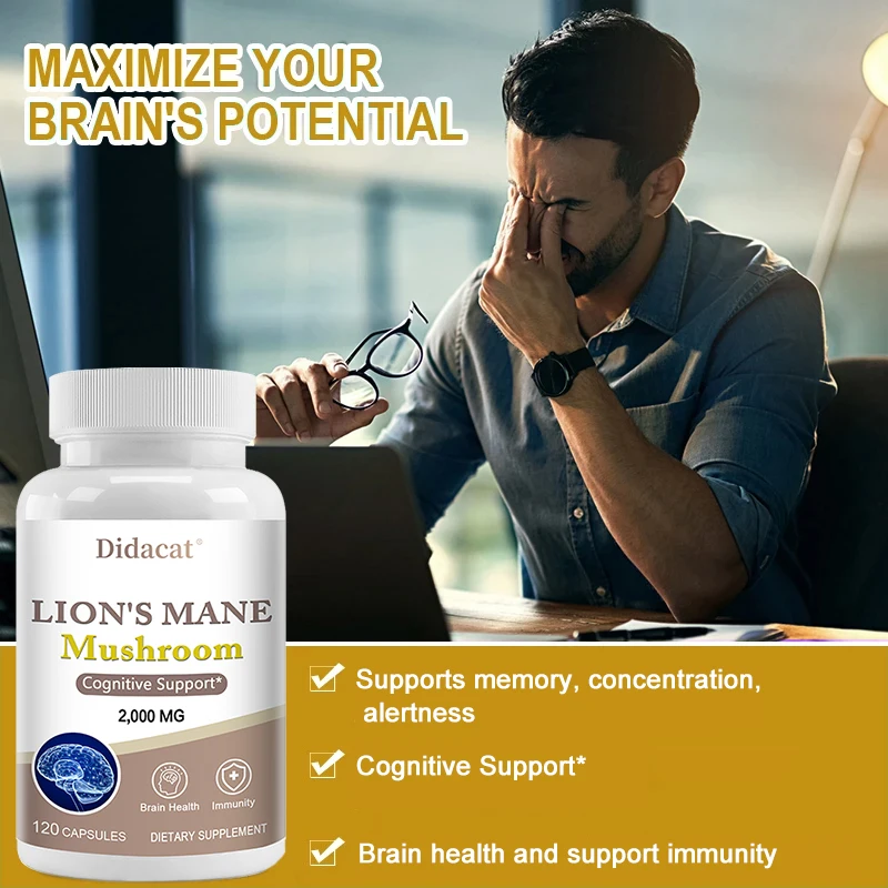 Lions Mane Brain & Focus Supplement - Mushroom Powder Extract Capsules - Non-GMO & Gluten Free to Improve Cognitive Health