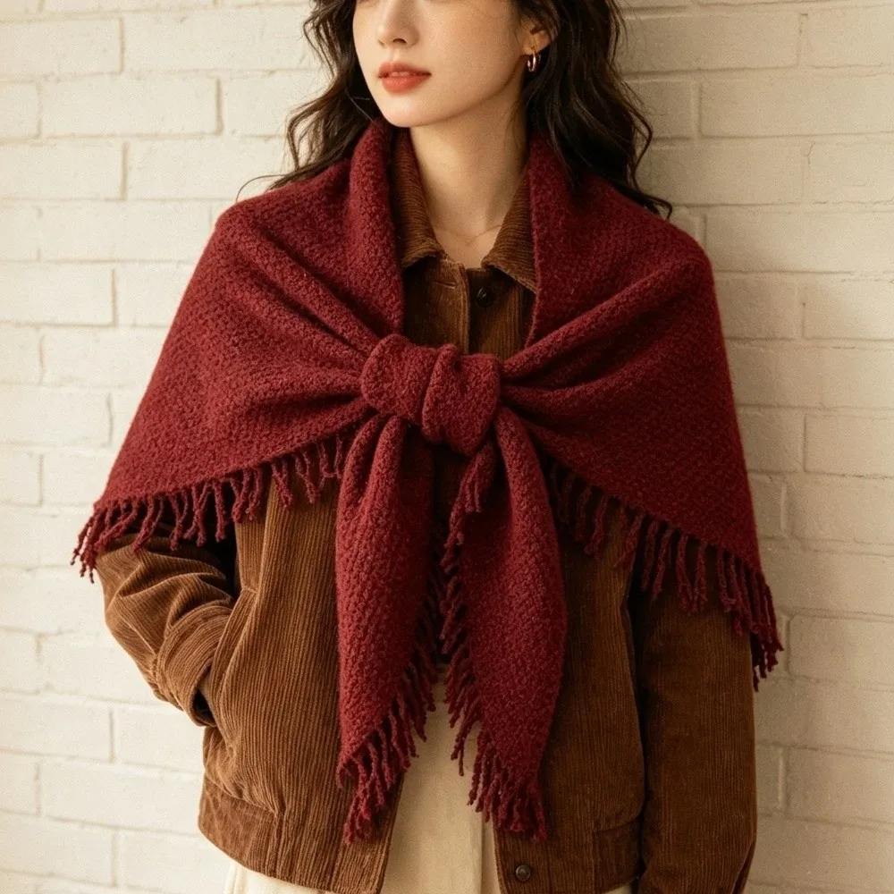 Elegant Wool‑Blend Triangle Shawl Warm Multi-color Knitted Scarf Decorative Solid Color Neck Warmer Outdoor