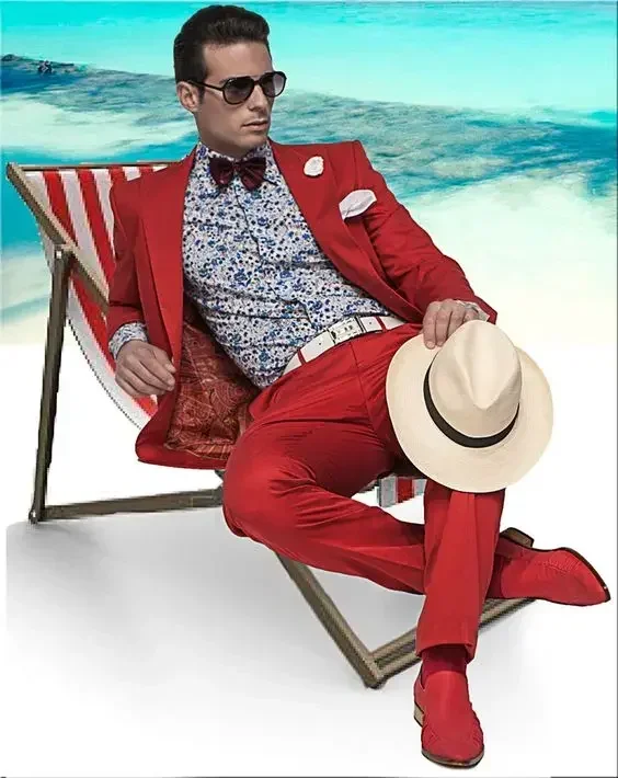 

Red Satin Samrt Casual Men Suit Summer Beach Jacket Custom Slim Fit 2 Piece Groom Tuxedo Fashion Prom Blazer Set Terno Masculino