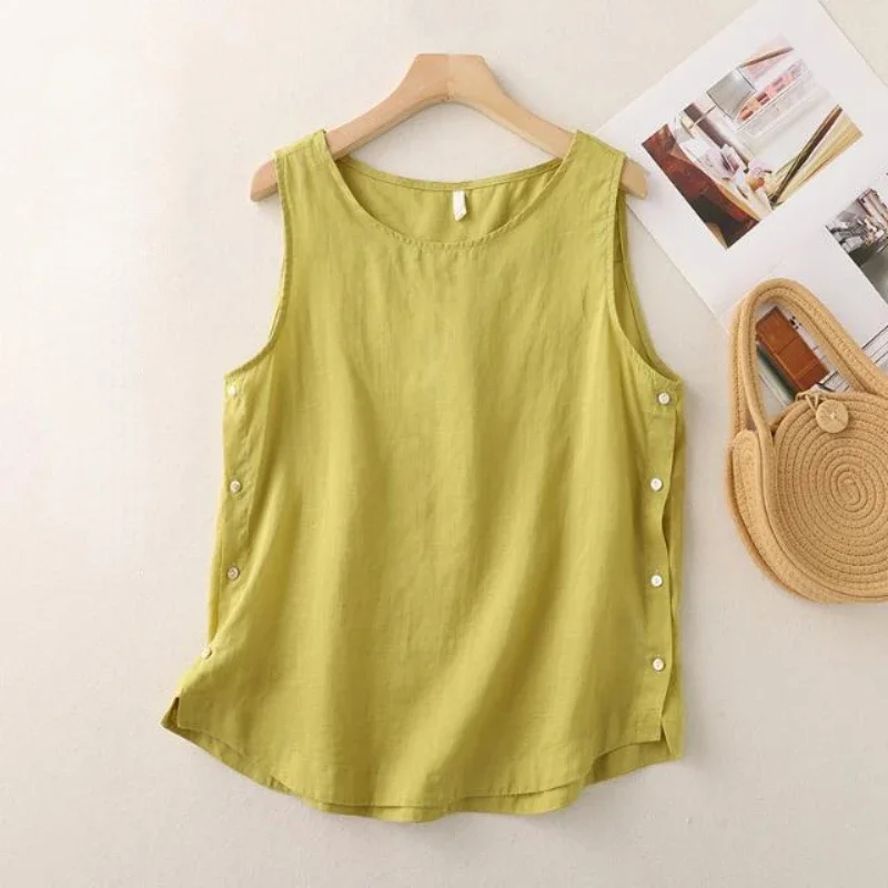 Casual Cotton Linen Vest Women's Summer Loose Simple Orange Tank Top O-Neck Side Button Design Solid Pullover Sleeveless T-shirt