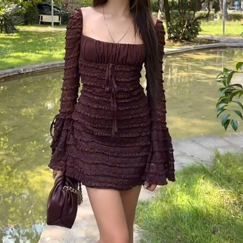 WhereMery Texture Long Sleeve Dress Aesthetic Low-cut Lace Up Solid Mini Dresses Women Retro Slim Fitting Backless Vestidos