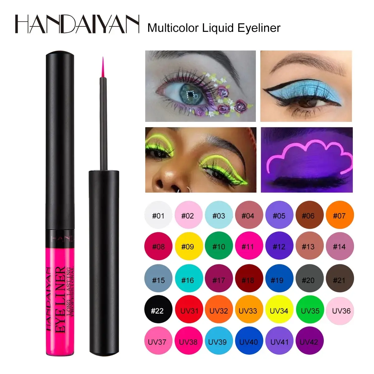 HANDAIYAN 34 Colors Matte Liquid Eyeliner UV Glow Rainbow Colorful Smudgeproof Long Lasting Eye Makeup Cosmetics