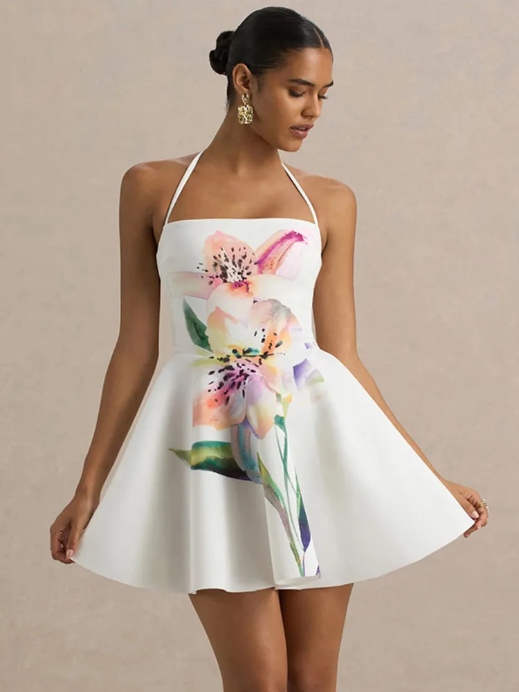 الرسن عارية الذراعين طباعة فستان قصير مثير المرأة موضة ساحة طوق الدانتيل متابعة أكمام عالية الخصر ألف خط فستان حفلة النادي