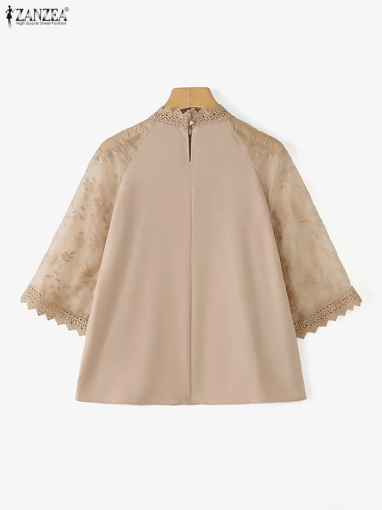 ZANZEA Blusa elegante de encaje para mujer, Tops tipo túnica informales con cuello levantado de otoño, Blusas femeninas OL de oficina de retales a la moda 2025