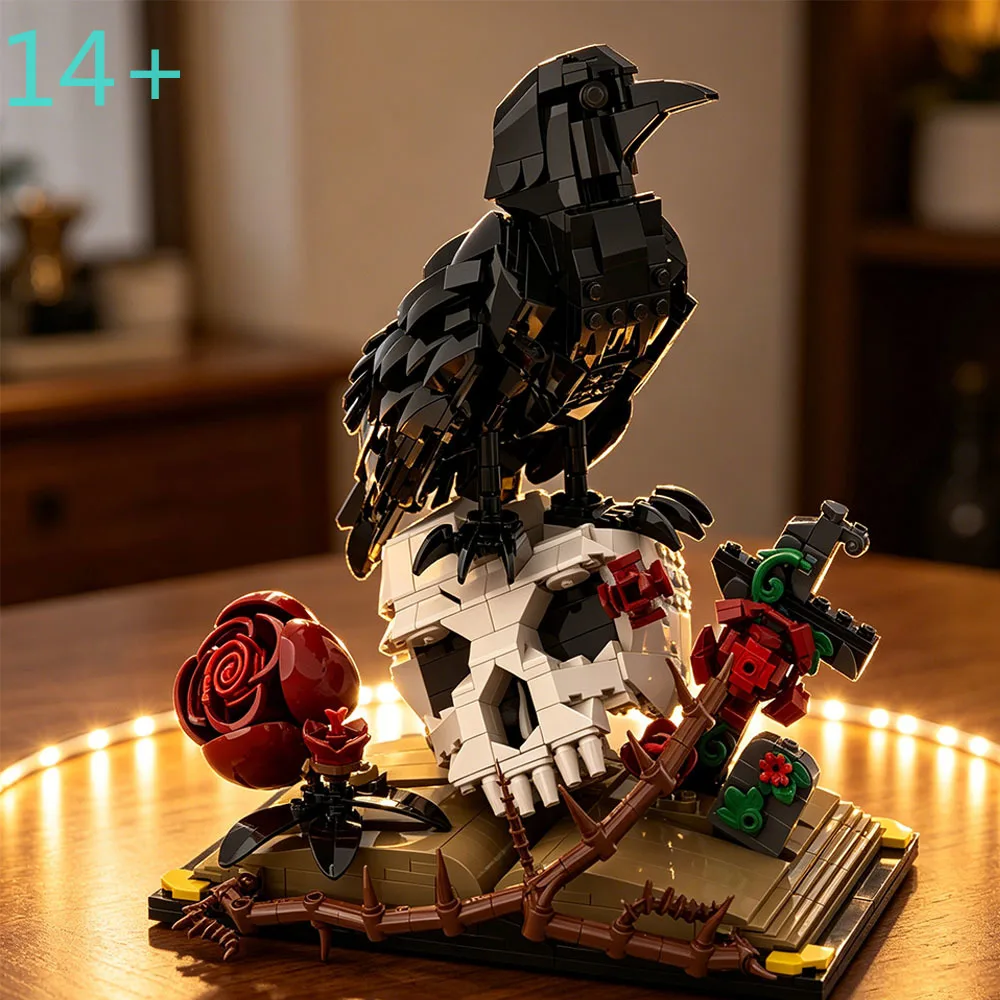 Moc Shop 766PCS Skull Roses Bouquet Bricks Model Gothic Crow Skull Flowers Decorate Building Blocks Cross Festival Party Gifts