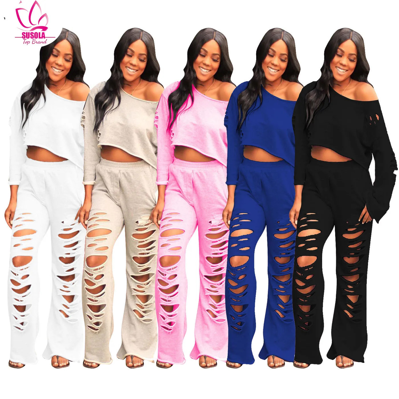 SUSOLA 2 Two Piece Set Women Ribbed O Neck Crop Top And Long Pants Set Casual Autumn Spring Tracksuit Women Conjunto Feminino